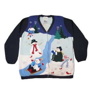 Quacker Factory Snowman‎ Cardigan Womens L Blue V-Neck Button Up Holiday Grandma